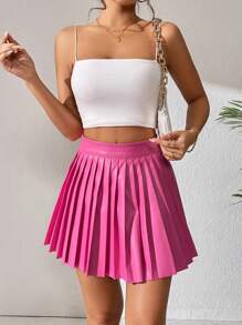 SHEIN PETITE Váy nữ Xếp li màu trơn Giải trí - Hồng - Xem 5