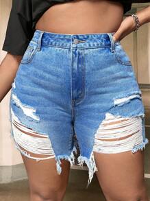 SHEIN SXY Plus Ripped Raw Hem Denim Shorts - Light Wash - View 4