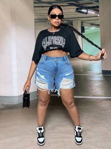 SHEIN SXY Plus Ripped Raw Hem Denim Shorts - Light Wash - View 1