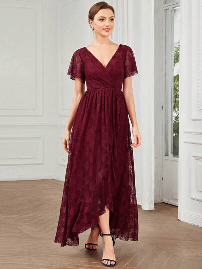 EVERPRETTY Sukienka formalna z koronkowym kołnierzykiem i kopertowym dołem