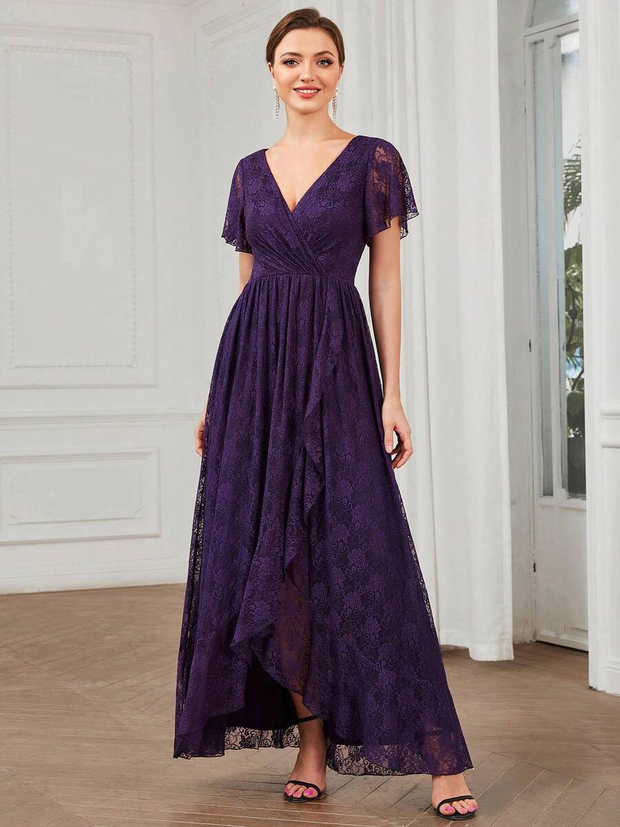 EVERPRETTY Surplice Neck Wrap Hem Lace Formal Dress - Purple - View 1