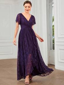 EVERPRETTY Surplice Neck Wrap Hem Lace Formal Dress - Purple - View 4