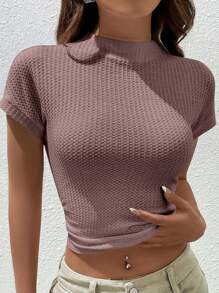 SHEIN EZwear 素色小高領短款T恤 - 藕粉色 - 查看 1