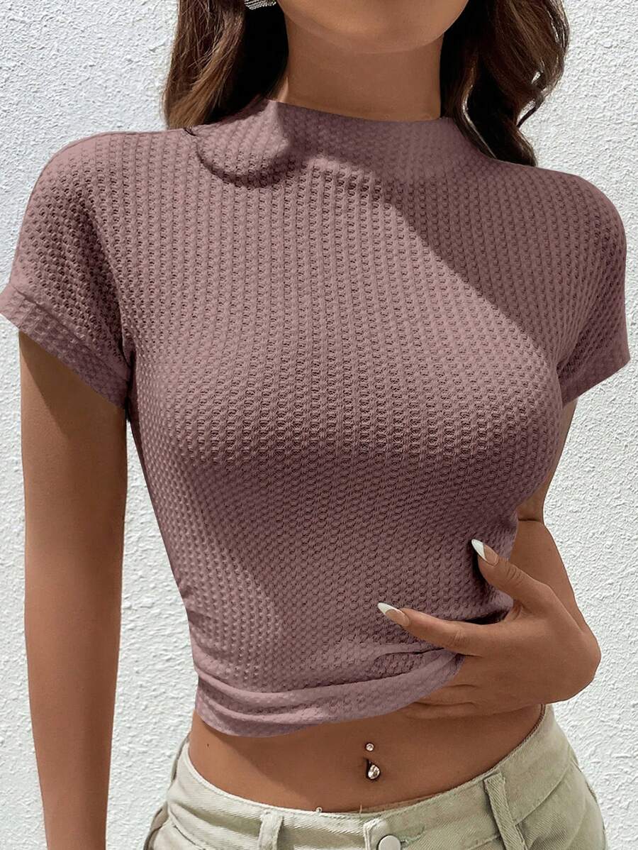 SHEIN EZwear 素色小高領短款T恤 - 藕粉色 - 查看 1