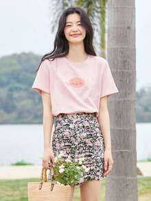 DAZY Đồ họa Chữ cái Áo thun - Màu Hồng baby - Xem 7