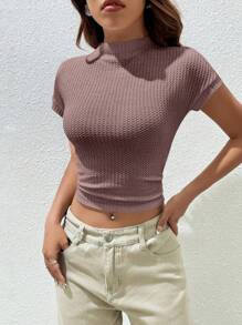 SHEIN EZwear 素色小高領短款T恤 - 藕粉色 - 查看 6