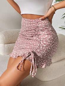 SHEIN PETITE Falda con estampado floral con cordón fruncido bajo con fruncido