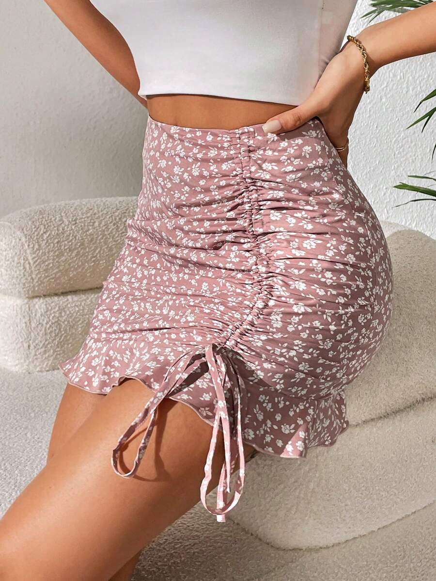 SHEIN PETITE Falda con estampado floral con cordón fruncido bajo con fruncido