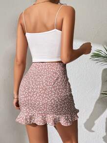 SHEIN PETITE Falda con estampado floral con cordón fruncido bajo con fruncido