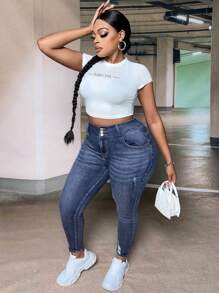 Slaydiva Plus High Waist Ripped Skinny Jeans - Dark Wash - View 3