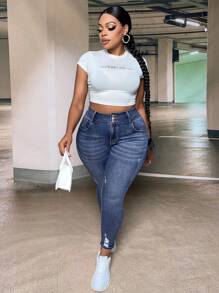 Slaydiva Plus High Waist Ripped Skinny Jeans - Dark Wash - View 5