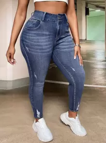 Slaydiva Plus High Waist Ripped Skinny Jeans - Dark Wash - View 6