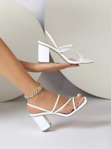 女士細帶粗跟露跟優雅戶外高跟涼鞋