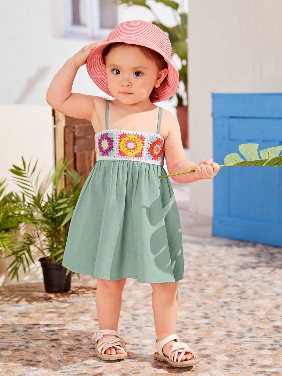 SHEIN Đầm em bé Dải chun Hoa - Màu xanh Bạc hà - Xem 1