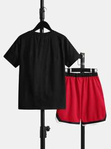 SHEIN Cậu bé Tween Đồ họa Chữ cái Áo thun & Sọc trang trí Eo dây rút Quần short - Đỏ - Xem 2