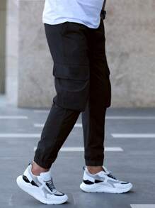 Manfinity Homme 男士標語圖案翻蓋口袋工裝褲 - 黑色 - 查看 2