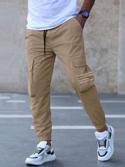 Homme Pantalon cargo graphique de slogan poche à rabat à cordon