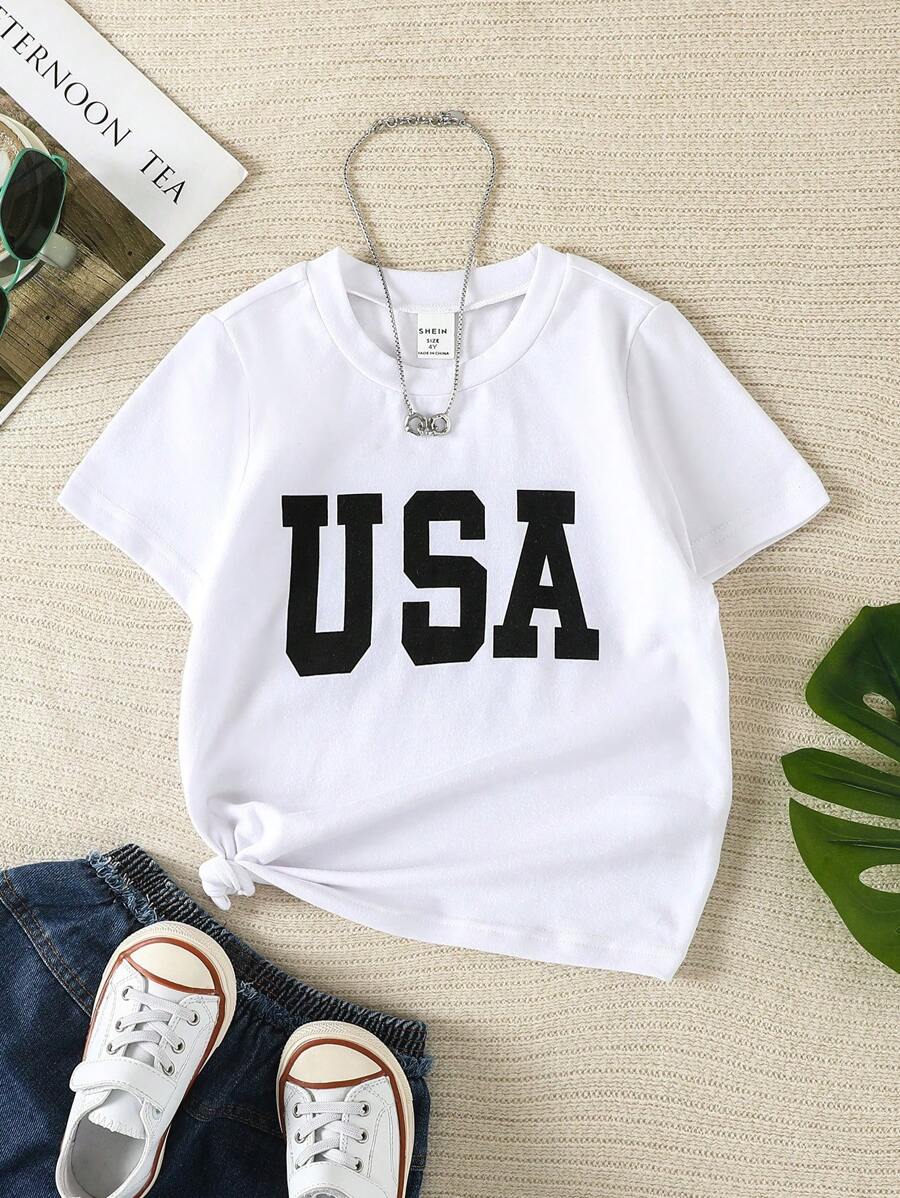 SHEIN 女小童白色休閒字母圖案圓領短袖T恤,合適適合夏天 - 白色 - 查看 1