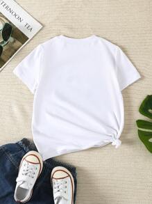 SHEIN 女小童白色休閒字母圖案圓領短袖T恤,合適適合夏天 - 白色 - 查看 2