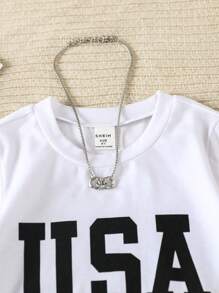 SHEIN 女小童白色休閒字母圖案圓領短袖T恤,合適適合夏天 - 白色 - 查看 3