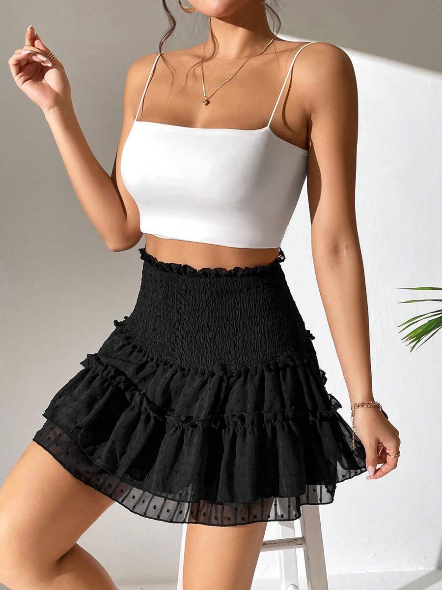 SHEIN PETITE Falda ribete fruncido bajo con fruncido - Negro - Ver 1
