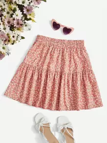 SHEIN VCAY Ditsy Floral Print Ruffle Hem Skirt - Coral Pink - View 1