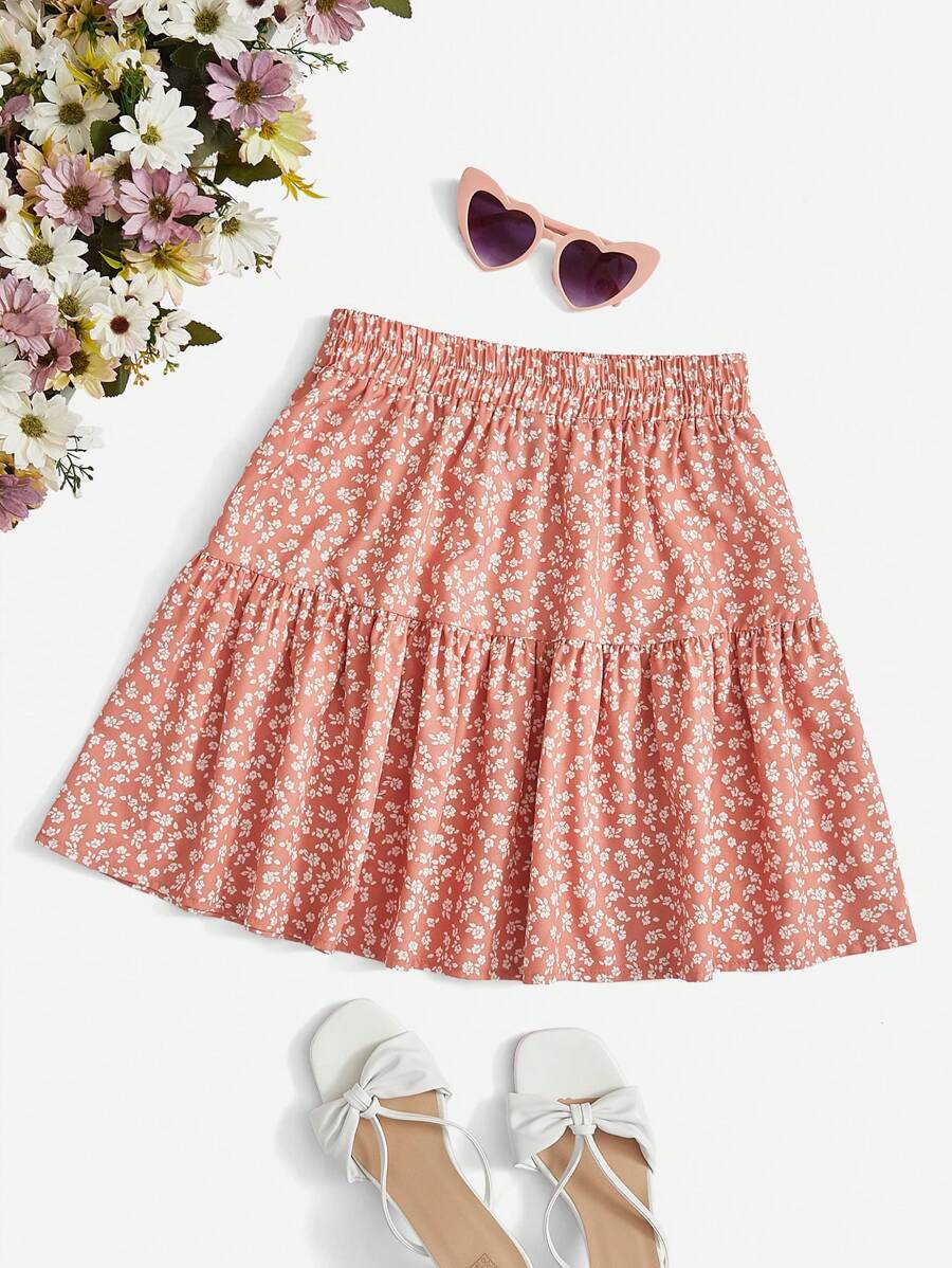 SHEIN VCAY Ditsy Floral Print Ruffle Hem Skirt - Coral Pink - View 1