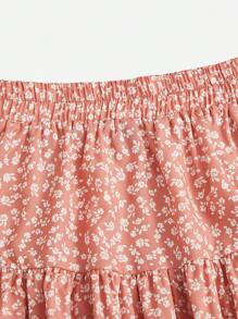 SHEIN VCAY Ditsy Floral Print Ruffle Hem Skirt - Coral Pink - View 5