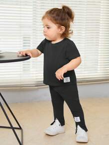 SHEIN 嬰兒女童字母拼接T恤和分裂式下擺褲