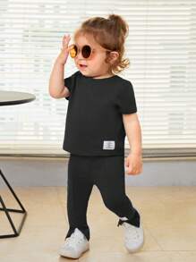 SHEIN 嬰兒女童字母拼接T恤和分裂式下擺褲