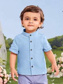 SHEIN 男嬰補丁貼口袋捲邊袖襯衫