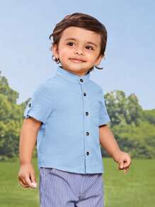 SHEIN 男嬰補丁貼口袋捲邊袖襯衫