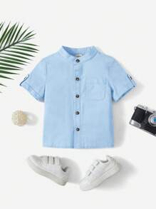 SHEIN 男嬰補丁貼口袋捲邊袖襯衫