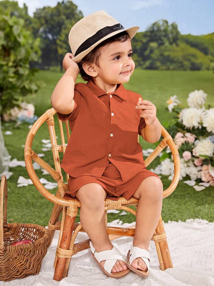 SHEIN Baby Boy Solid Button Front Shirt & Shorts Without Tee - Orange - View 1