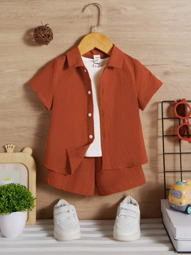 SHEIN Baby Boy Solid Button Front Shirt & Shorts Without Tee - Orange - View 3