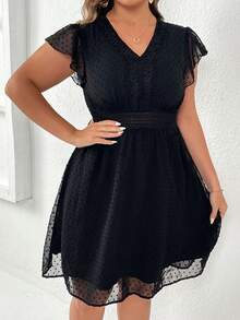 SHEIN LUNE Plus Swiss Dot Guipure Lace Panel Butterfly Sleeve Dress - Black - View 3