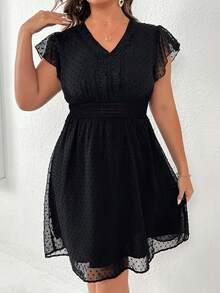 SHEIN LUNE Plus Swiss Dot Guipure Lace Panel Butterfly Sleeve Dress - Black - View 4