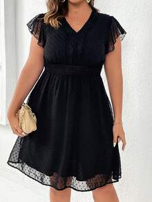SHEIN LUNE Plus Swiss Dot Guipure Lace Panel Butterfly Sleeve Dress - Black - View 5