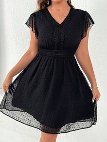 SHEIN LUNE Plus Swiss Dot Guipure Lace Panel Butterfly Sleeve Dress - Black - View 6