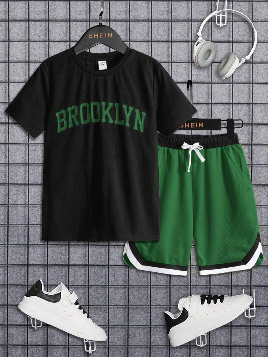SHEIN 2pcs Tween Boy Summer Casual Letter Print T-Shirt And Shorts Set - Dark Green - View 1