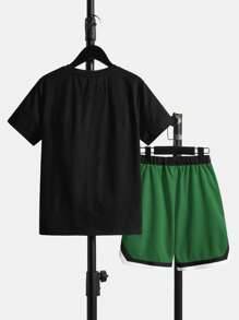 SHEIN 2pcs Tween Boy Summer Casual Letter Print T-Shirt And Shorts Set - Dark Green - View 2