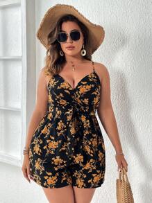 SHEIN Clasi 大码波西米亚风花卉印花腰带吊带连体衣，适合夏季