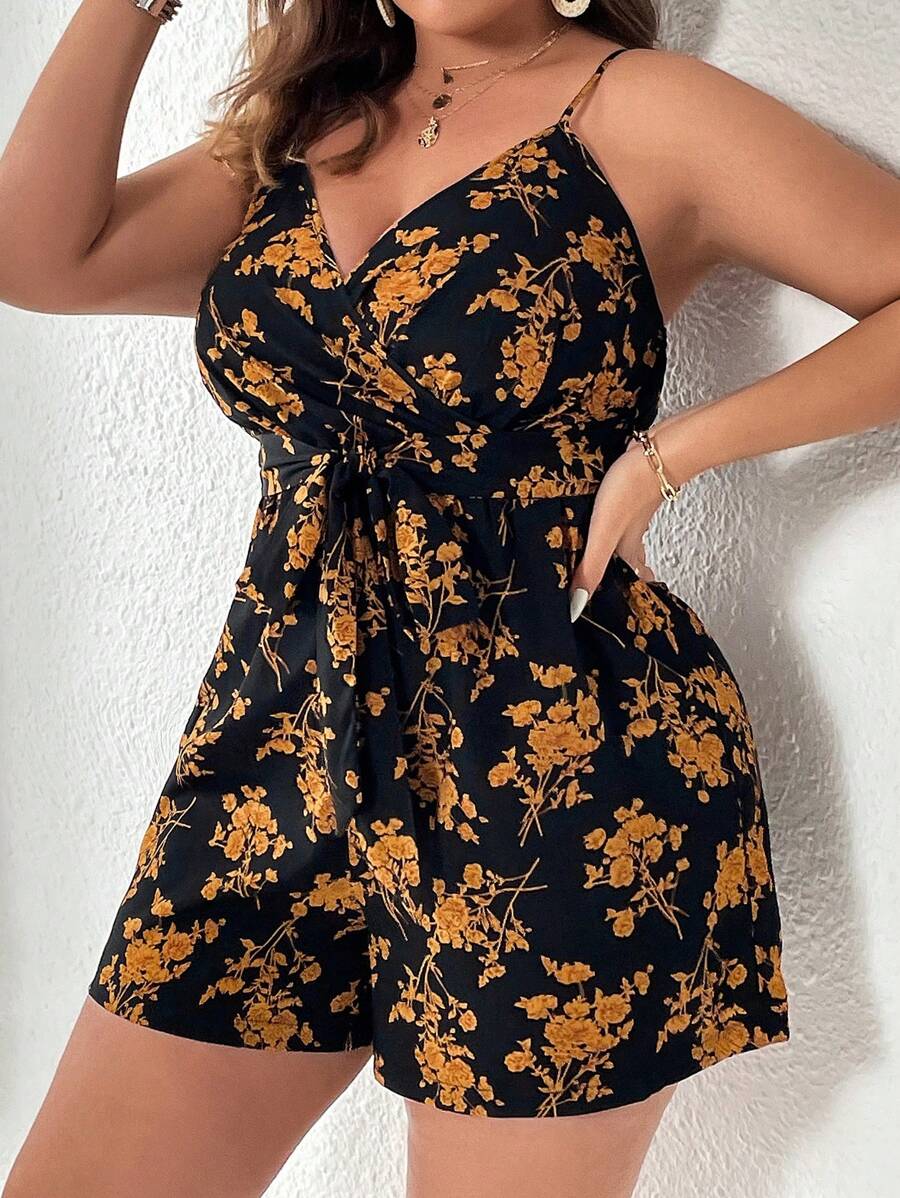 SHEIN Clasi 大码波西米亚风花卉印花腰带吊带连体衣，适合夏季