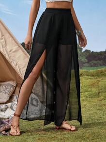 SHEIN VCAY Split Thigh Wide Leg Trousers - Black - View 1