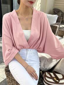DAZY Solid Batwing Sleeve Wrap Detail Blouse - Pink - View 1