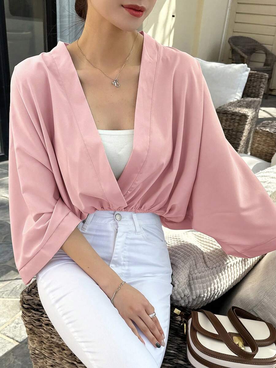 DAZY Solid Batwing Sleeve Wrap Detail Blouse - Pink - View 1