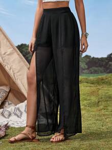 SHEIN VCAY Split Thigh Wide Leg Trousers - Black - View 3