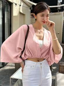 DAZY Solid Batwing Sleeve Wrap Detail Blouse - Pink - View 2