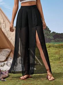 SHEIN VCAY Split Thigh Wide Leg Trousers - Black - View 4