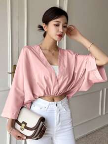 DAZY Solid Batwing Sleeve Wrap Detail Blouse - Pink - View 3